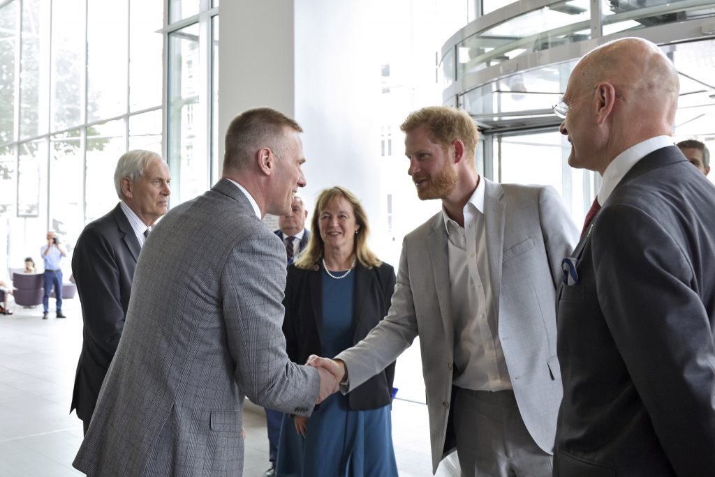 Professor Anthony Bull welcomes The Duke of Sussex during his visit to Day 1 of the Blast Injury Conference.
